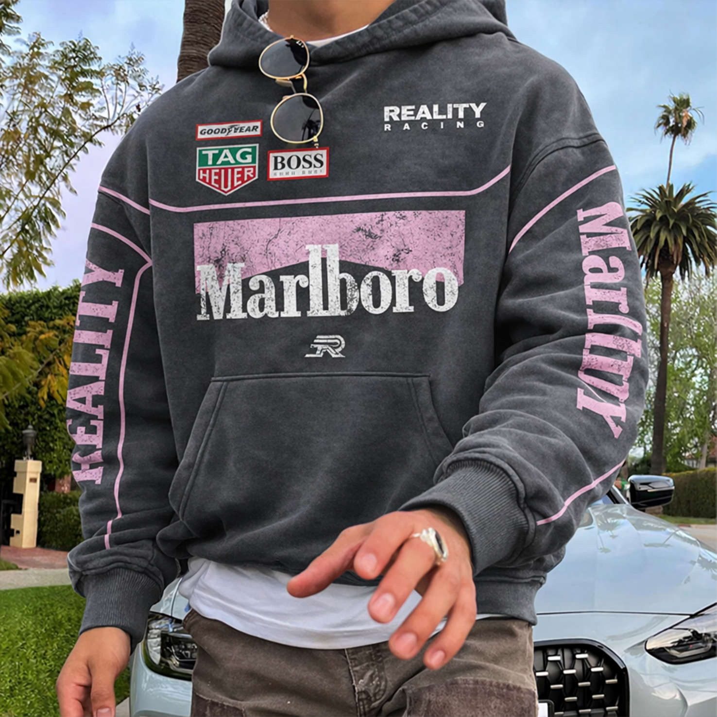 Men's Retro Racing Print Oversized Hoodie