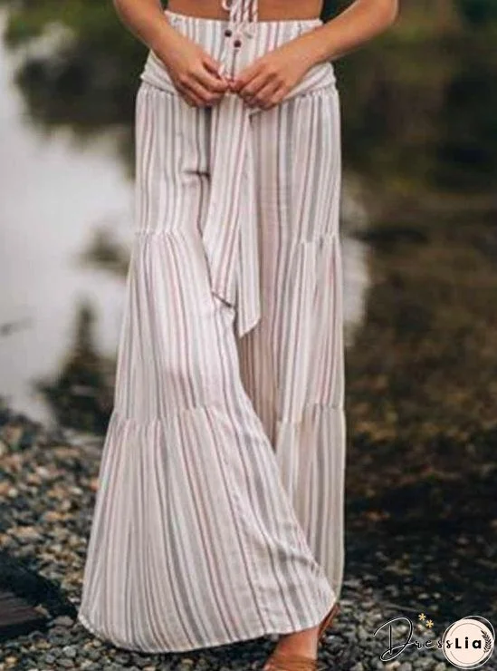 New Lace-up Striped Print Stitching Wide-leg Flared Trousers