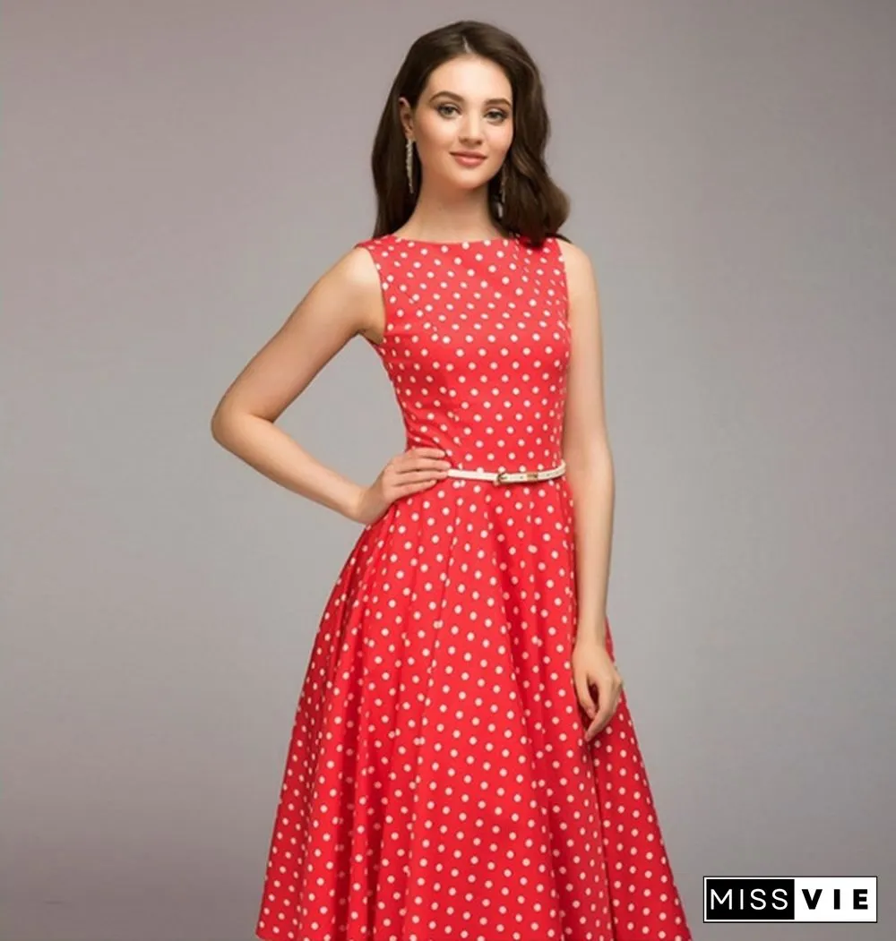 Vintage Polka Dot Swing Party Dresses Women Sleeveless O-neck Elegant Dress Casual Boho Midi Dress