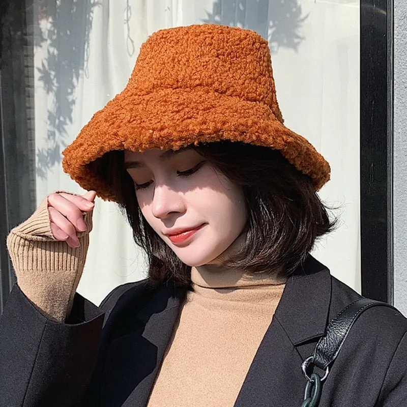 Women Hat Solid Artificial Fur Warm Female Cap Faux Fur Winter Bucket Hat for Women Outdoor Sunscreen Sun Hat Panama Cap Ladies