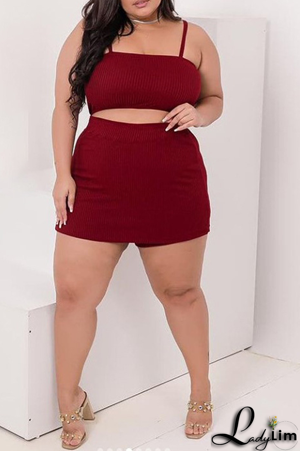 Black Fashion Solid Patchwork Spaghetti Strap Plus Size Two Pieces