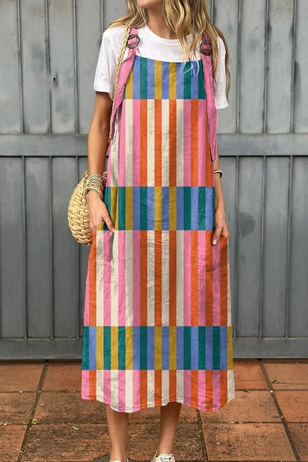 Women's Abstract Geometric Pattern Art Print Cotton Pocket Suspender Dress