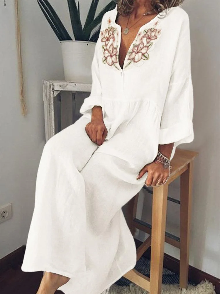 Floral print long-sleeved vintage long dress-Mayoulove