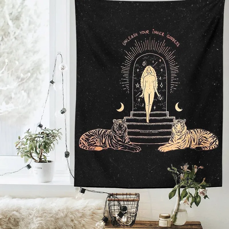 Sun and Moon Tapestry Moon girl Tarot Card Witchcraft Wall Hanging black Art Print Mural Background Tapestries for Bedroom Dorm
