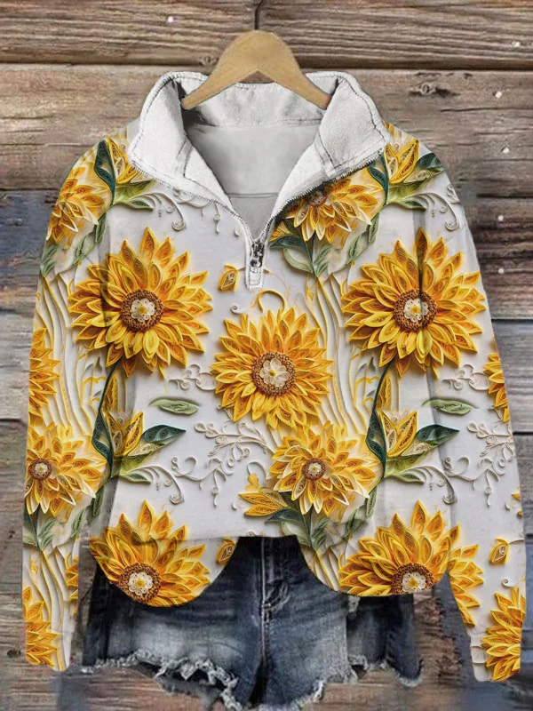 Women's Three-Dimensional Sunflower Print Zip Up Collar Sweatshirt