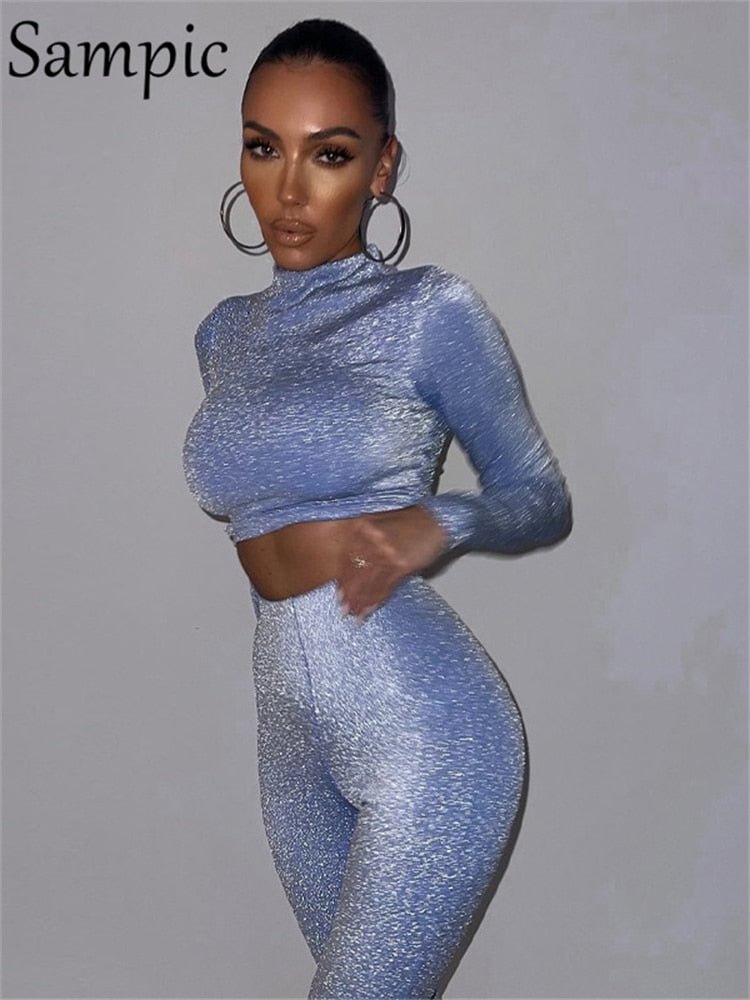 Sampic 2022 Turtleneck Women Long Sleeve Casual Bling Glitter Tracksuit Skinny Tops And High Waisted Long Pants Two Piece Set