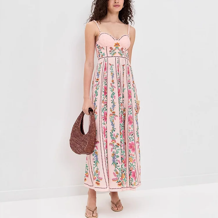 Decorative Beads Sling Positioning Print Holiday Dress