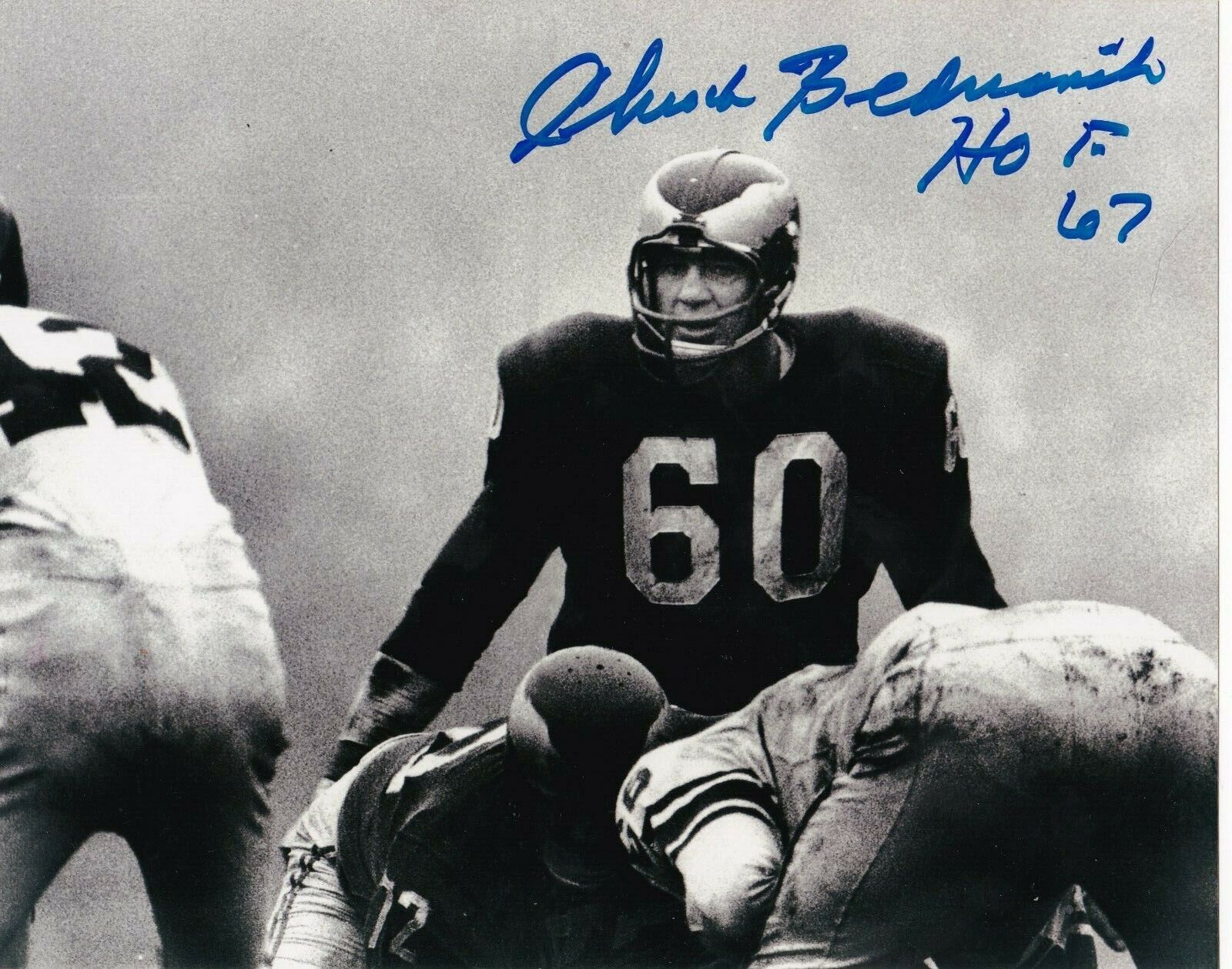 CHUCK BEDNARICK PHILADELPHIA EAGLES HOF 67 ACTION SIGNED 8x10 Photo Poster painting