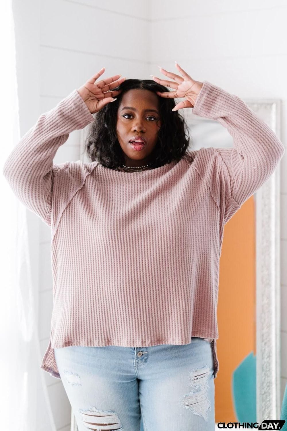 Jodifl Stay Awhile Full Size Run Waffle Knit Tee