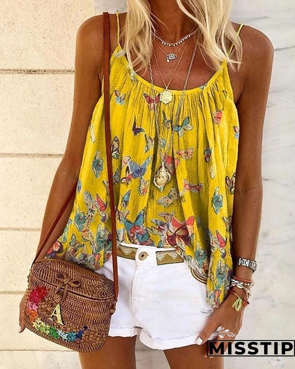 Butterfly Print Bohemia Crew Neck Plus Size Tank Tops