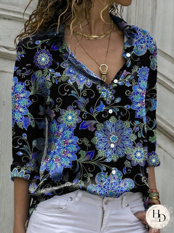 Blouses Graphic Print Button Long Sleeve Blouse for Women