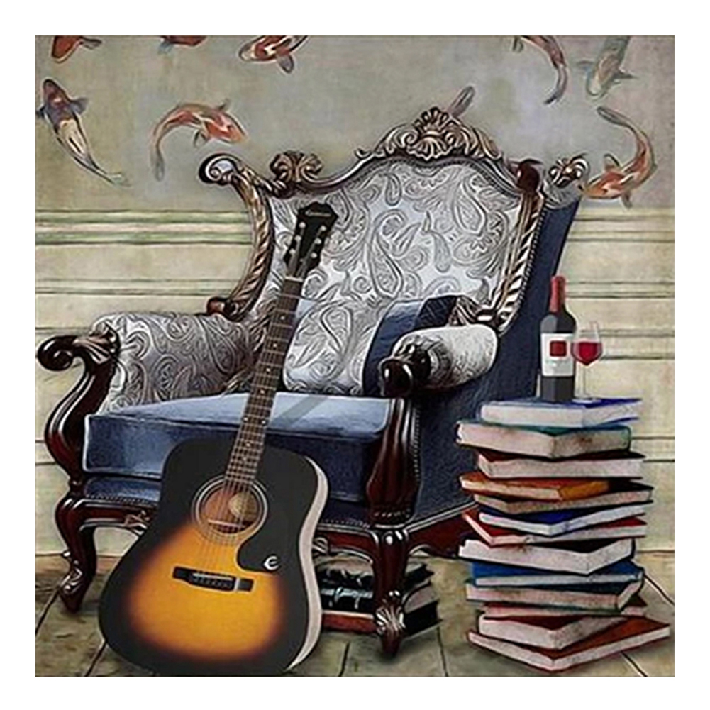 

40*40CM - Round Drill Diamond Painting - Book Guitar, 501 Original