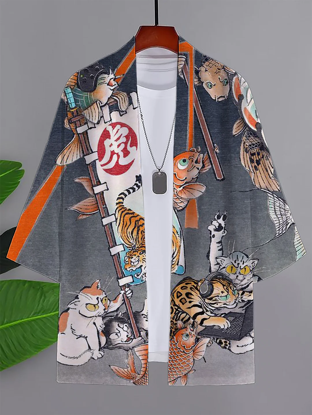 Men's Japanese Tiger Cat Animals Art Print Casual Kimono Cardigan