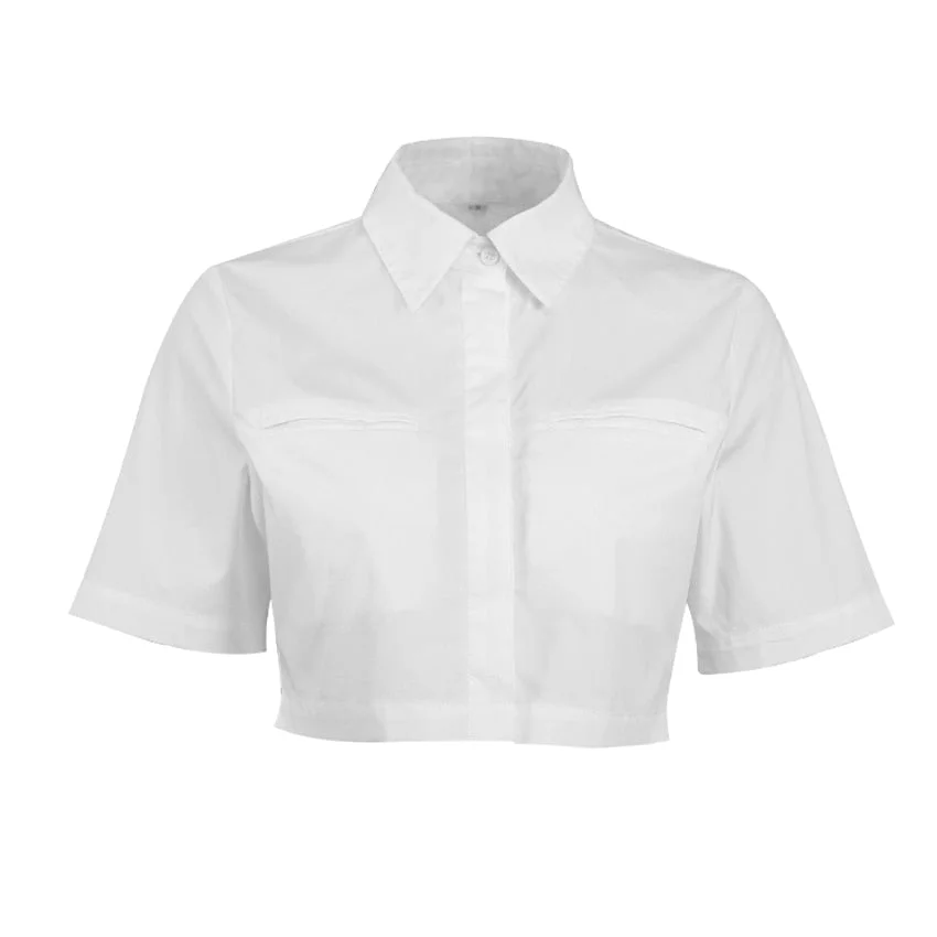 OOTN Sexy White Short Tops Women Short Sleeve Shirts With Pocket Elegant Plain Blouse Female Office Workwear Spring Summer 2021
