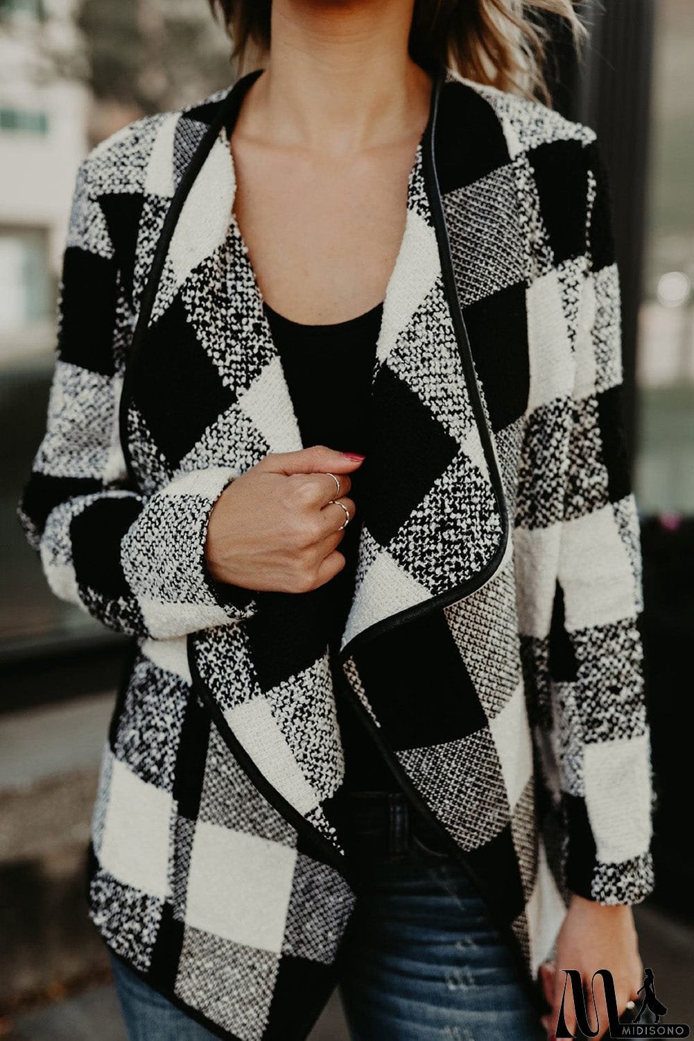 MidiSono - Plaid Long Sleeve Asymmetric Collar Open Front Coat