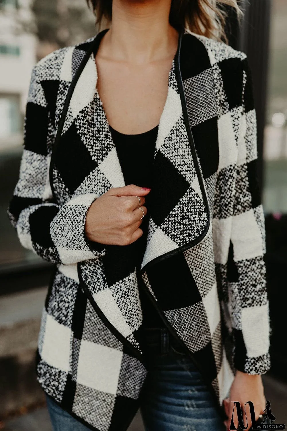 MidiSono - Plaid Long Sleeve Asymmetric Collar Open Front Coat