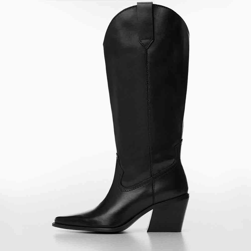 Black Pointed Toe Block Heel Shoes Western Below The Knee Cowgirl Boots