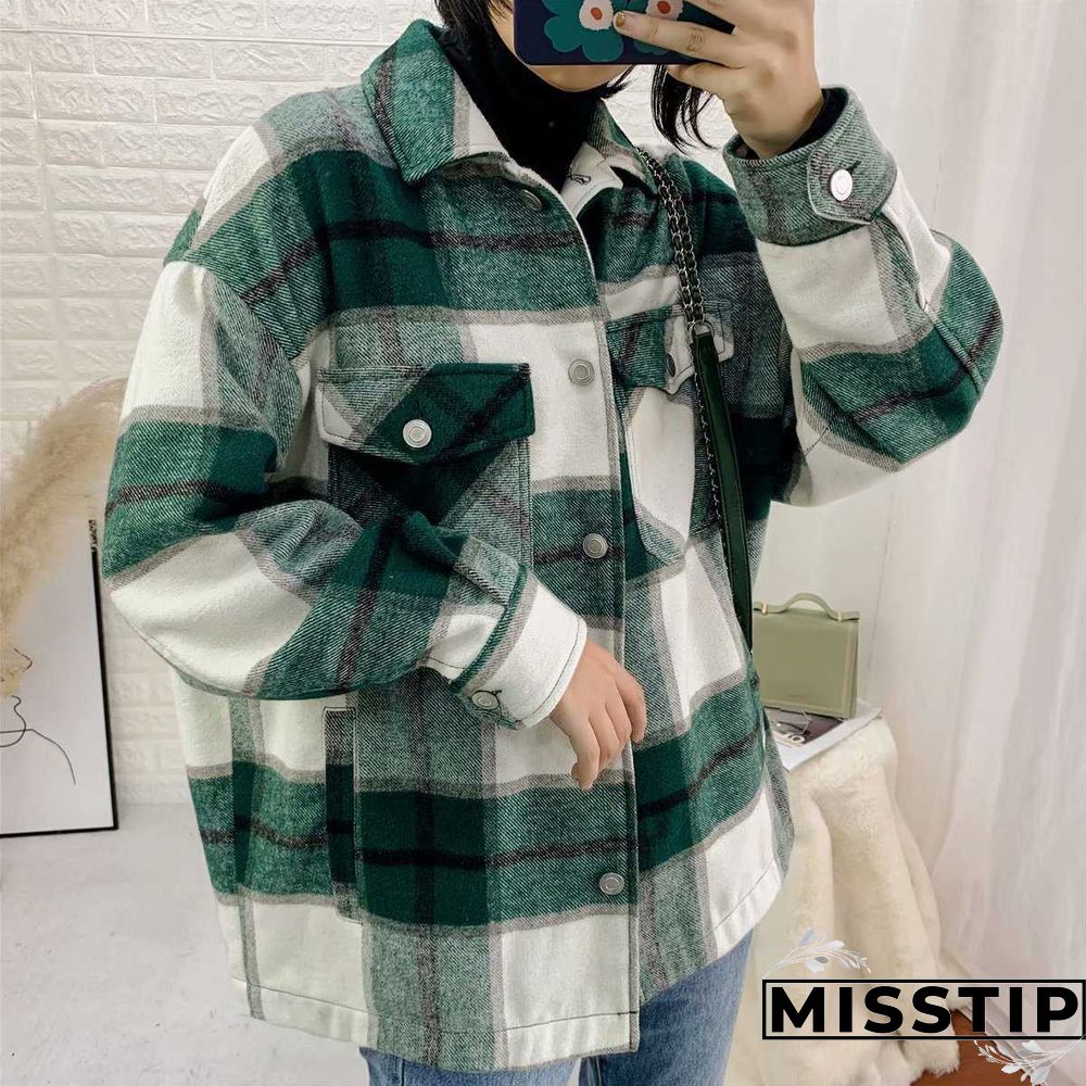 Classic Thick Colorblock Checked Button Down Shirt Jacket Woolen