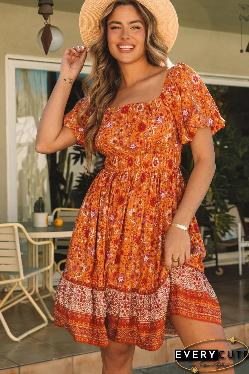 Orange Square Neck Puff Sleeves Flowy Floral Dress