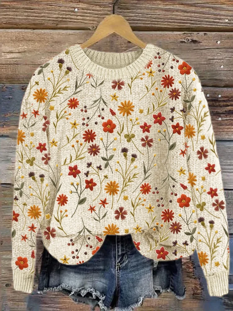 Fall Color Floral Embroidery Pattern Cozy Knit Sweater