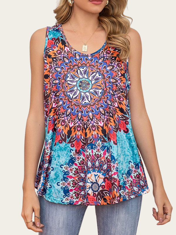 Women's Sleeveless Tank Top Bohemian Floral Pattern O-Neck Casual Summer Outfits Top