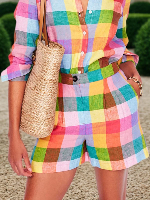 Loose Wide Leg Elasticity Rainbow Plaid Split-Joint Shorts Bottoms