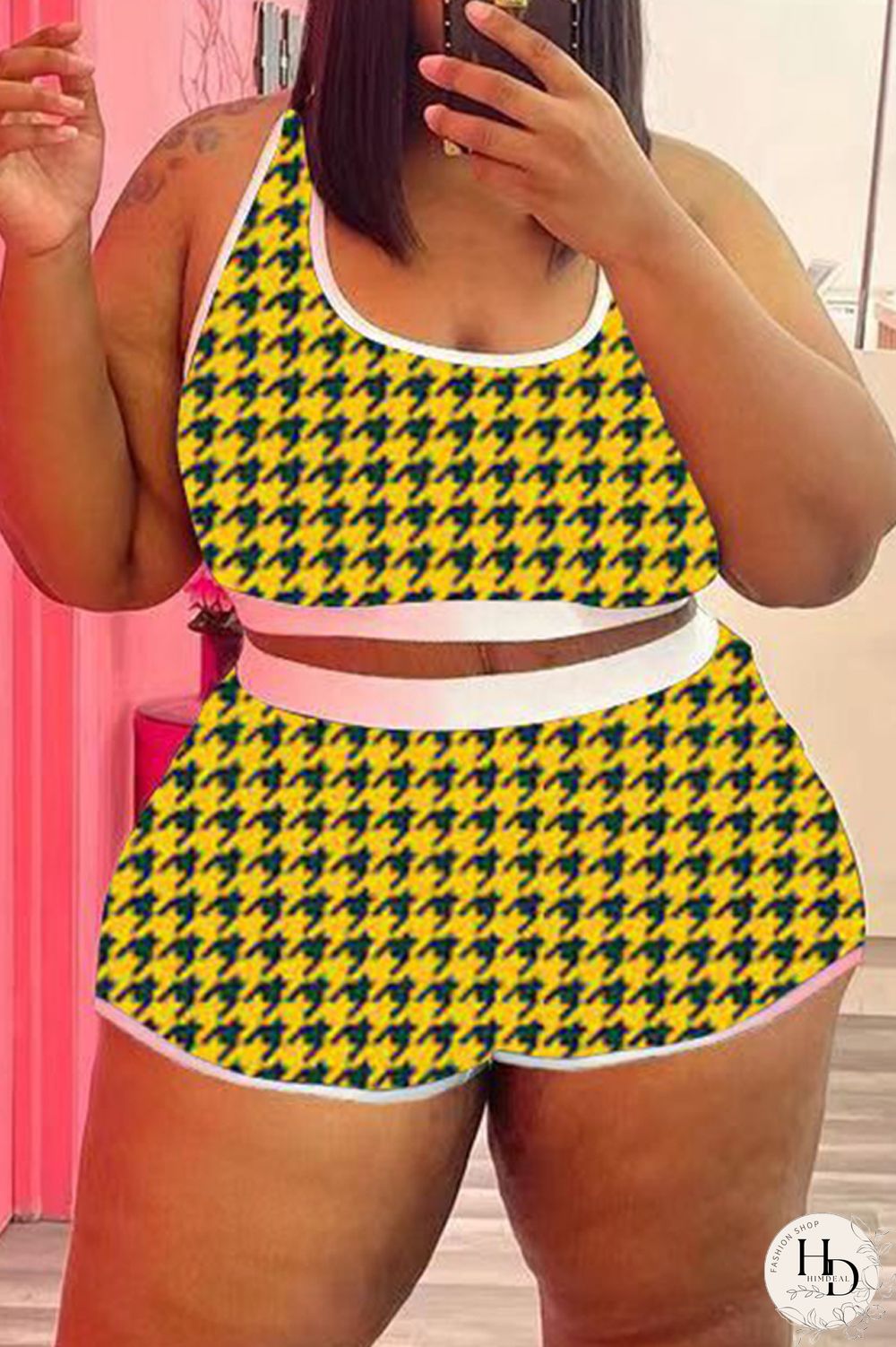 Yellow Fashion Casual Print Vests U Neck Plus Size Two Pieces