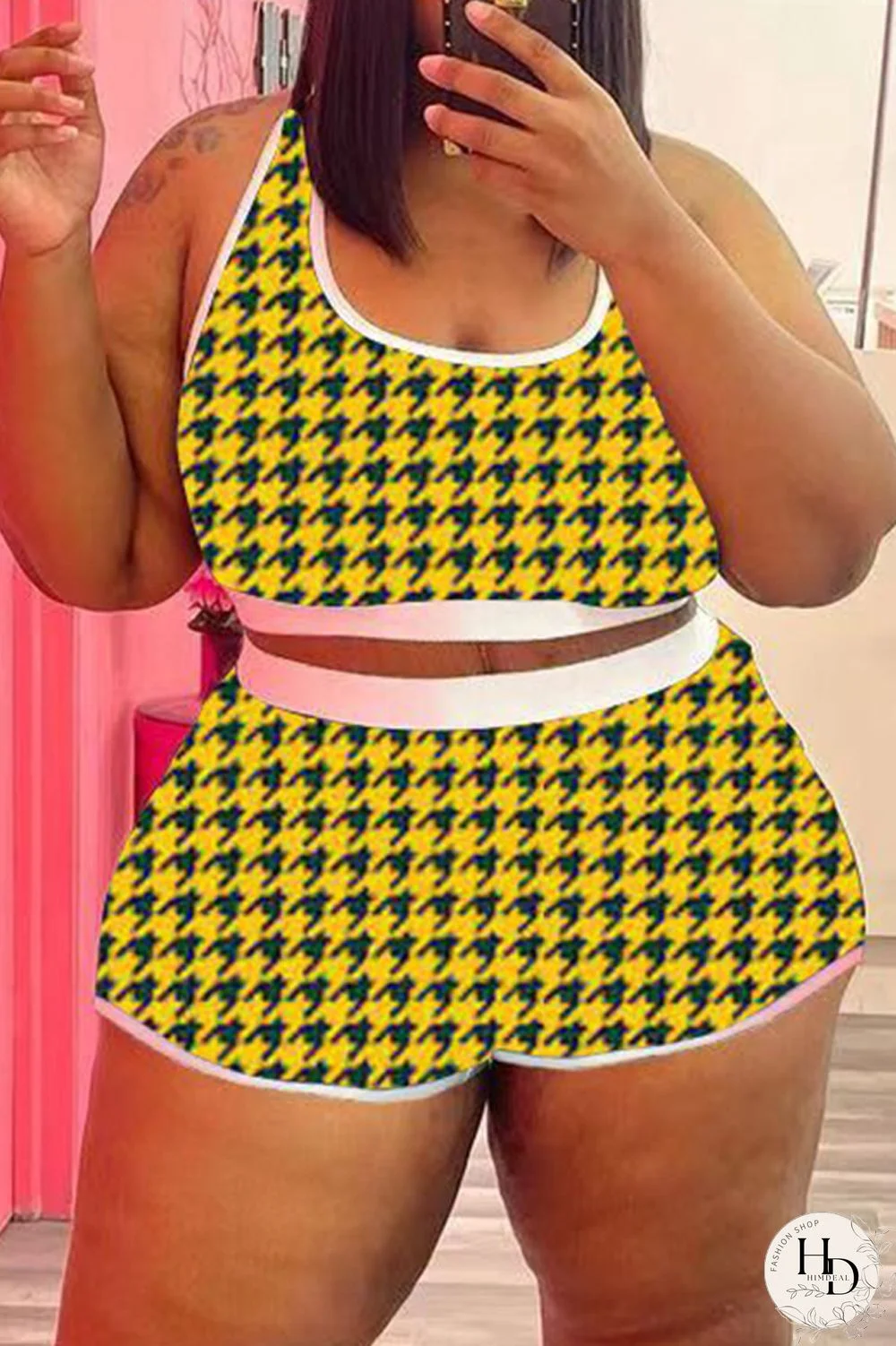 Yellow Fashion Casual Print Vests U Neck Plus Size Two Pieces