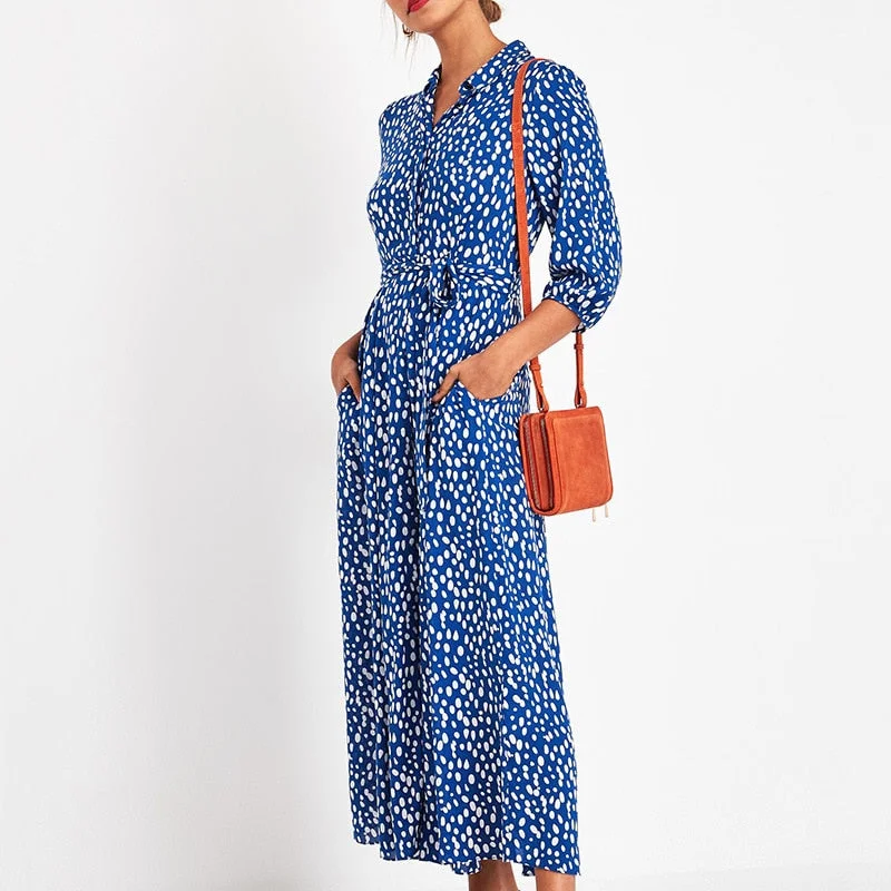 Autumn Polka Dot Chiffon Dress Women Turn-down Collar 3/4 Sleeve Belt  Elegant Ladies Midi Dresses Boho Casual Long Shirt Dress