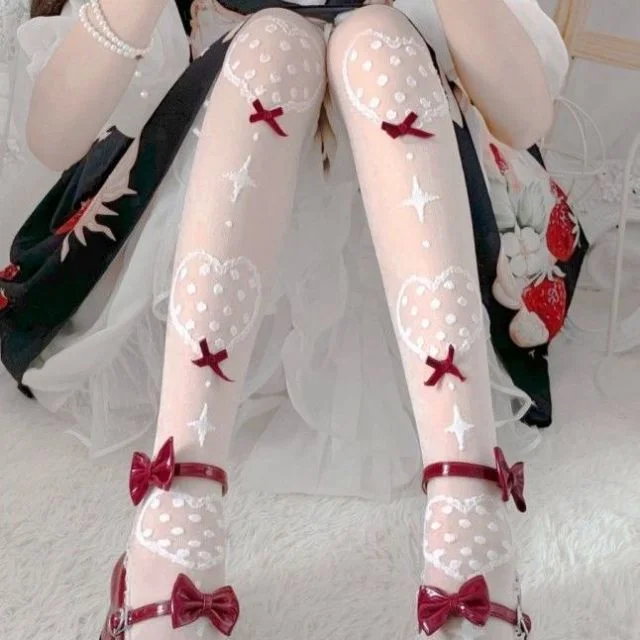 Sweet White/Black Print Kawaii Bow Lolita Over Knee Lace Stocking Tights SP16924