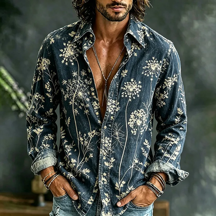 Men's Vintage Dandelion Plant Print Art Casual Linen Cotton Blend Shirt