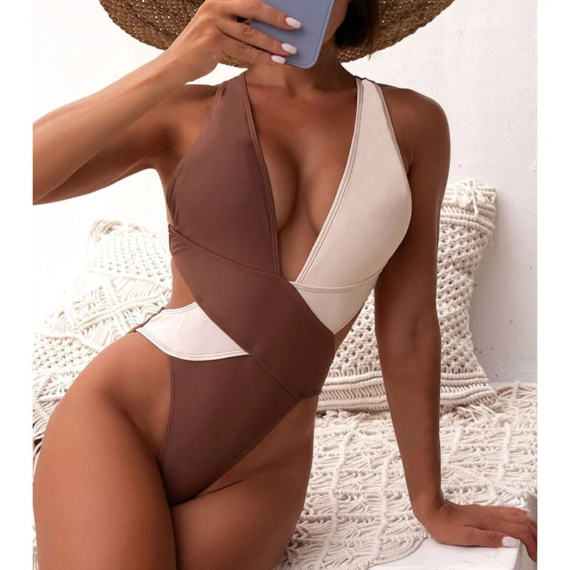 INGAGA Sexy Plunging One Piece Swimsuit Colorblock Swimwear Women 2022 New Cut Out Monokini Cross Back Bodysuit Bathing Suits
