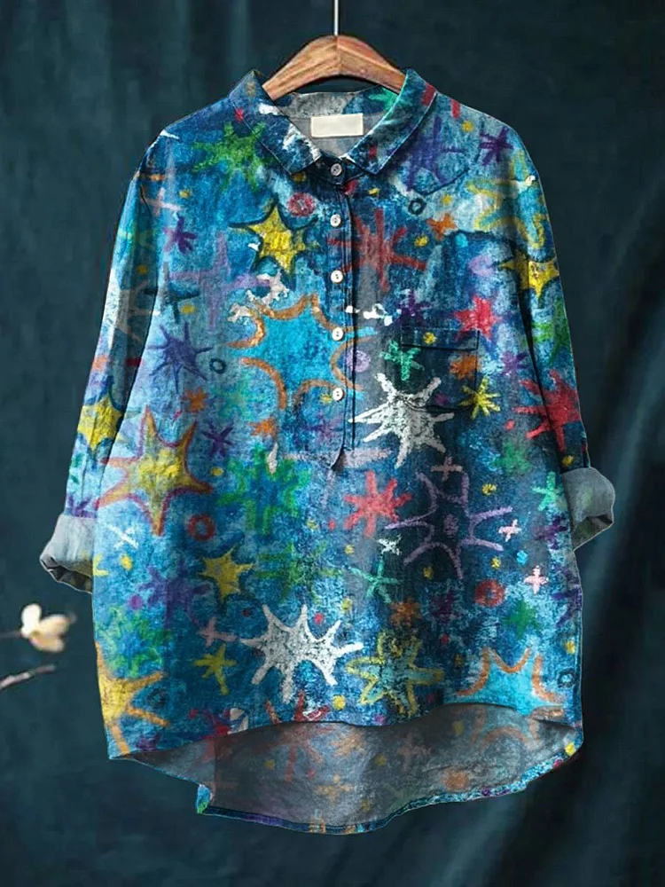 Vintage Lovely Stars Art Print Casual Cotton And Linen Shirt