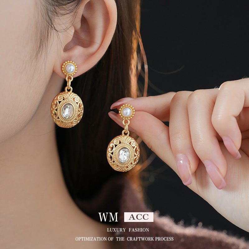 Luxurious Round Ellipse Geometric Flower Artificial Pearl Diamond Inlay Earrings