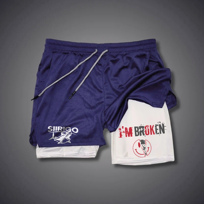 I’M BROKEN and Smiling Face Skull Graphic GYM PERFORMANCE SHORTS