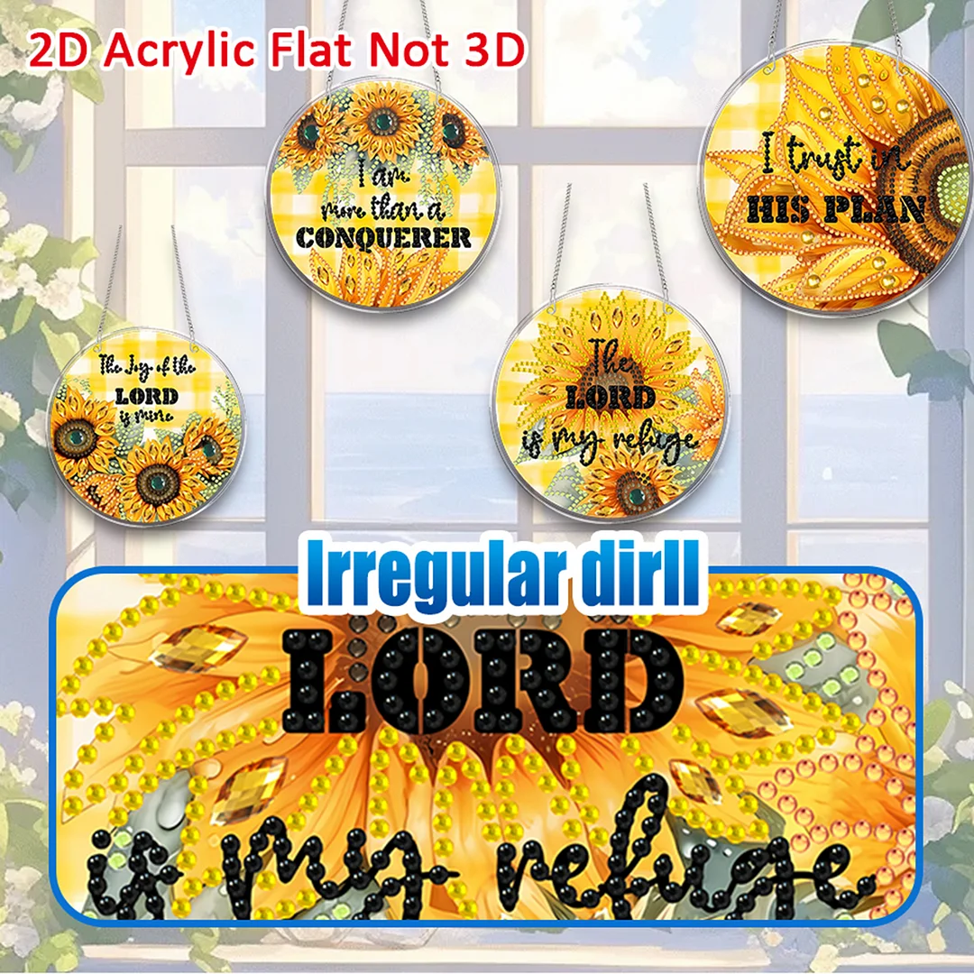 4pcs Sunflower Text DIY 2D Flat Acrylic Diamond Painting Kit Diamond Art Pendant