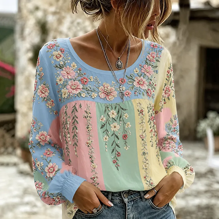 Vintage Floral Vine Art Embroidered Patchwork Cotton And Linen Distressed Casual Long-sleeved Top