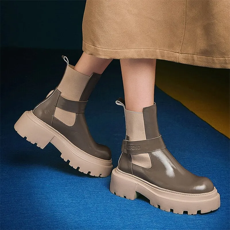 Meotina Genuine Leather Ankle Shoes Women Think Heel Short Boots Round Toe High Heel Ladies Boots 2021 Autumn Winter Khaki Black