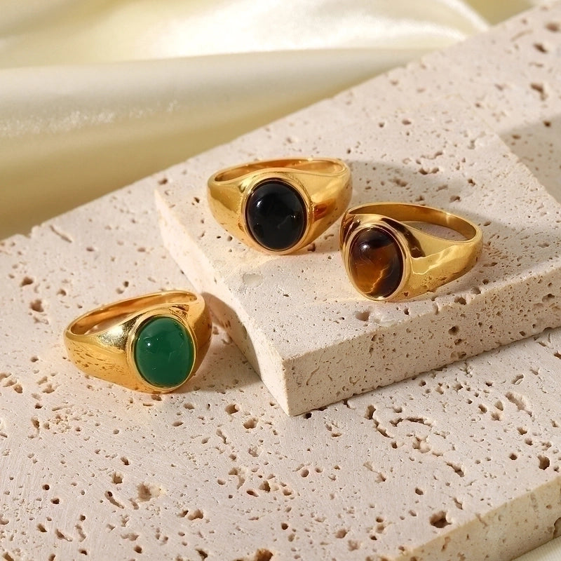 Retro Oval Stainless Steel Plating Inlay Agate 18k Gold Plated Rings