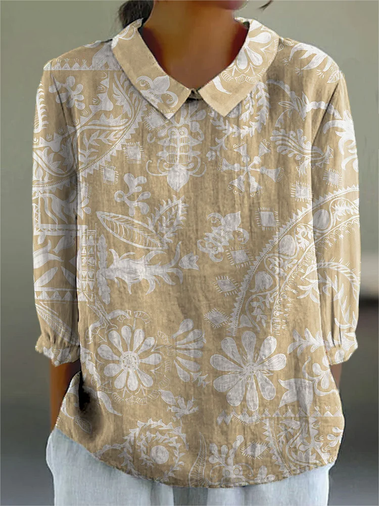 Women's Retro Pattern Art Print Casual Cotton And Linen 3/4 Sleeve Shirt