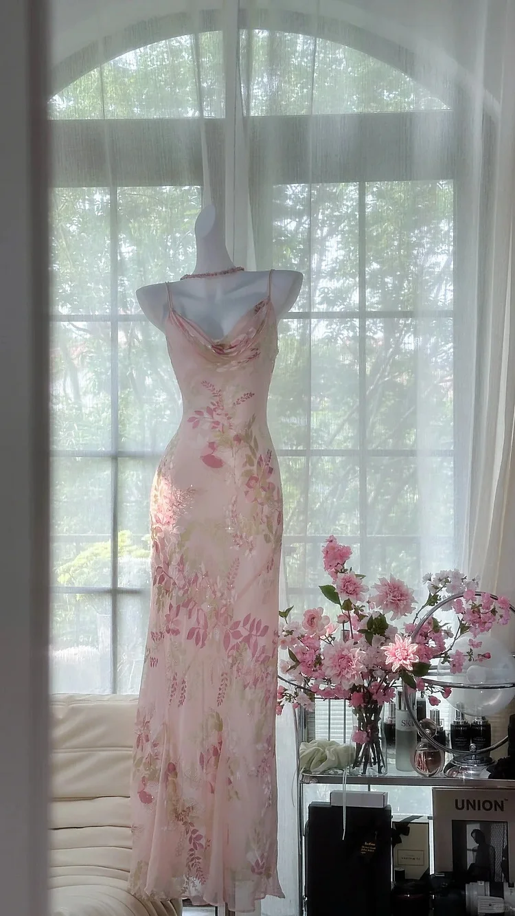 Pink Delicate Floral Long Chiffon Ball Gown Evening Dress Party Dress Birthday Dress Date Dress