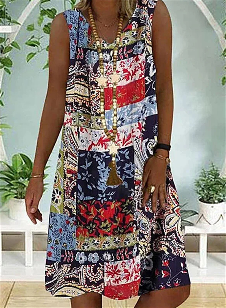 Women Beach Dress Loose Casual Pluse Size Short sleeve cotton Linen Print Summer Dresses