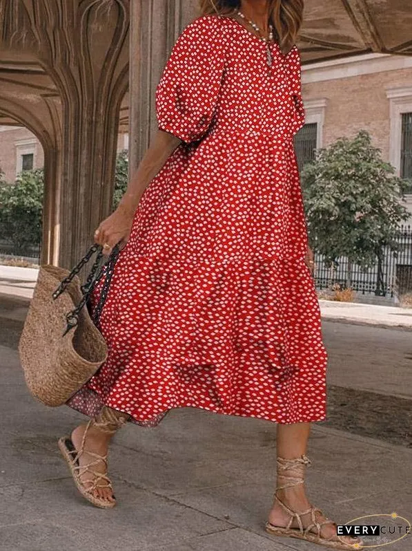 Casual Polka Dot Printed Puff Sleeve Dress for Women