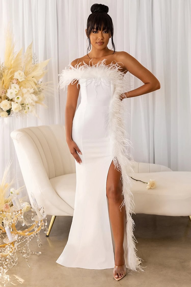 Feather Trim Off Shoulder High Slit Elegant Prom Maxi Dresses