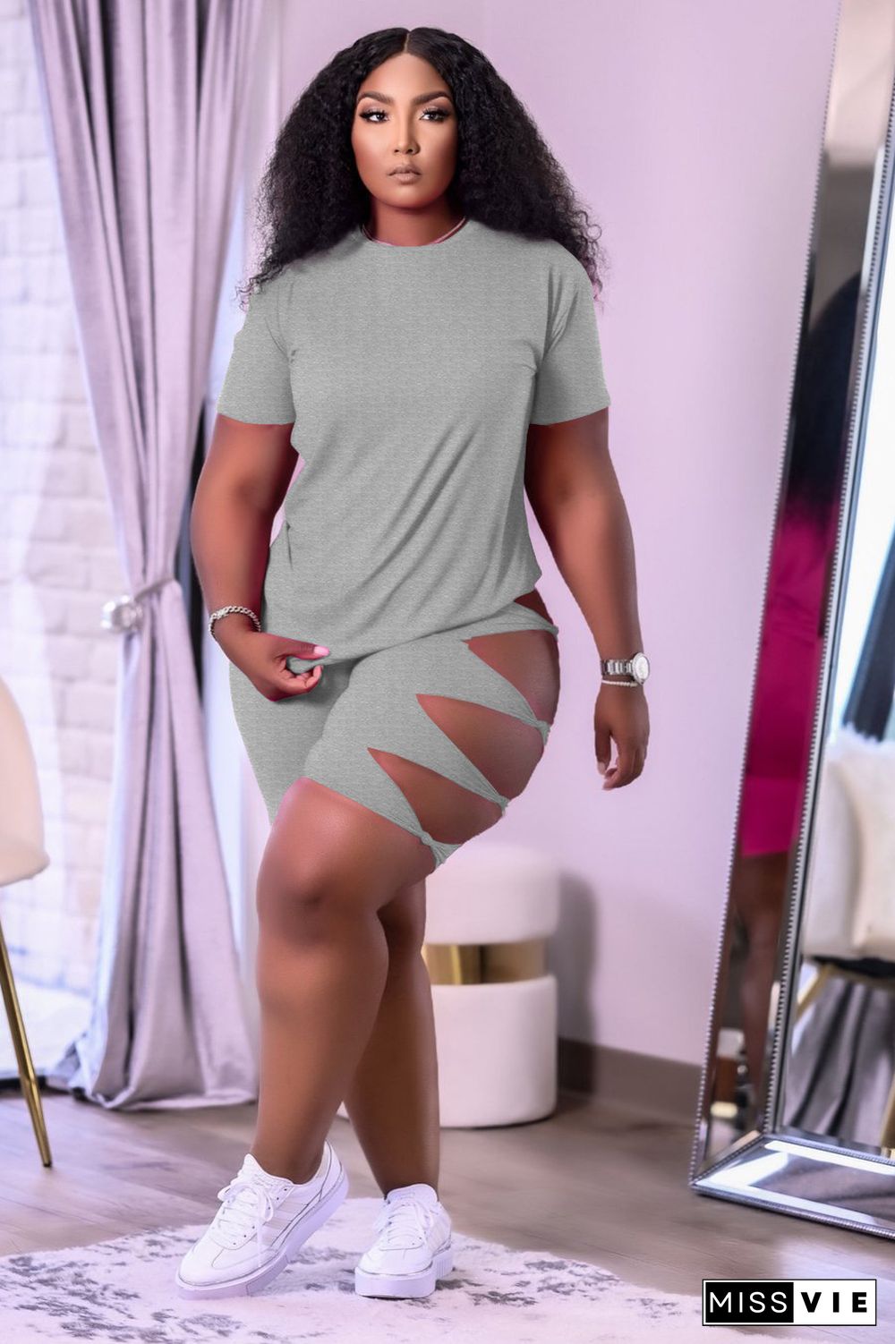 Fashing Solid Women Clothing Round Neck Short Sleeve T Shirt Bodycon Hole Biker Shorts Two Piece Outfit