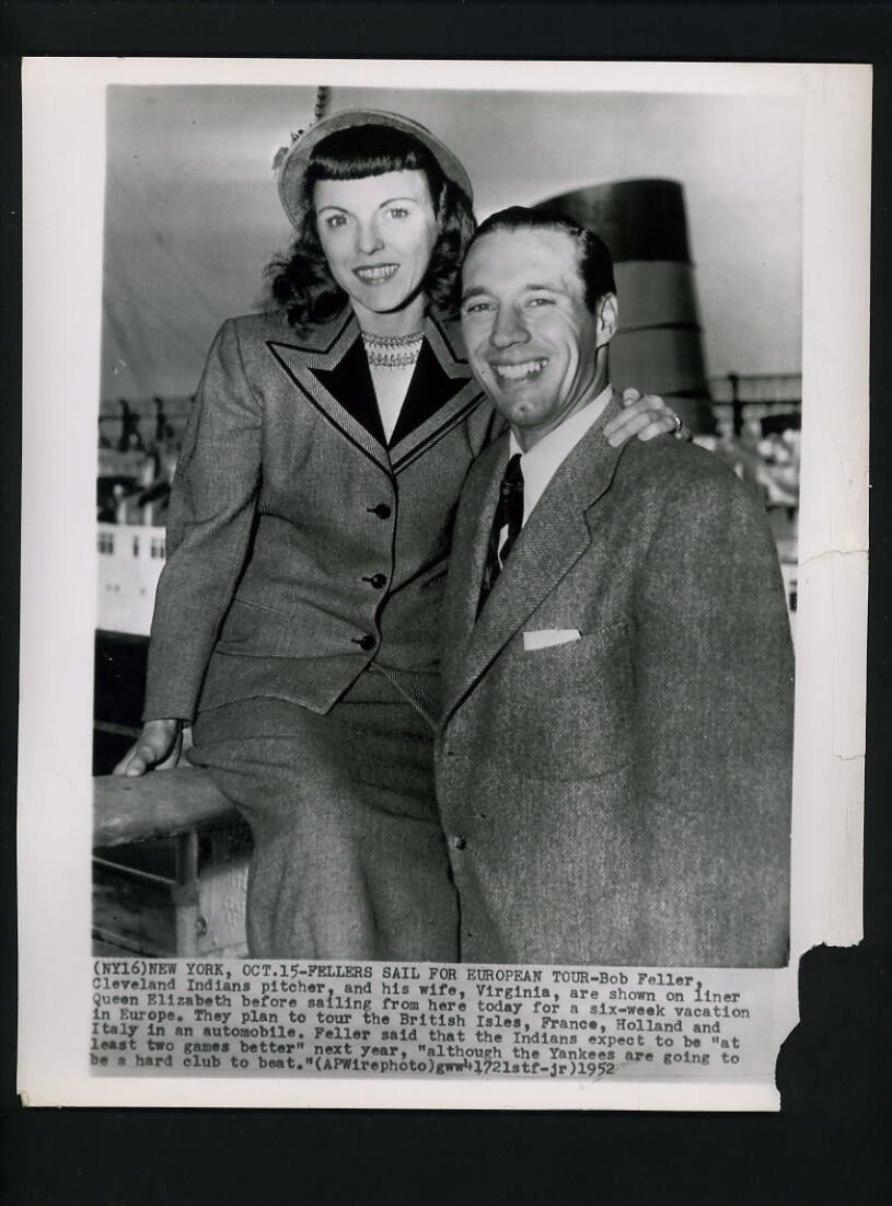 Bob Feller & wife Virginia 1952 Wire Photo Poster painting European vacation Cleveland Indians