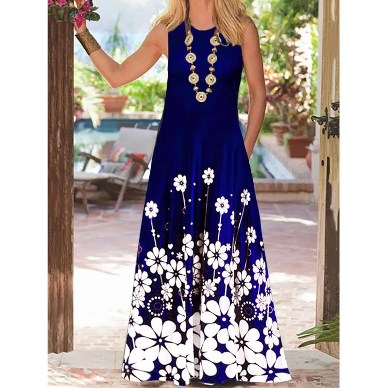 Printed sleeveless fashion round neck dress