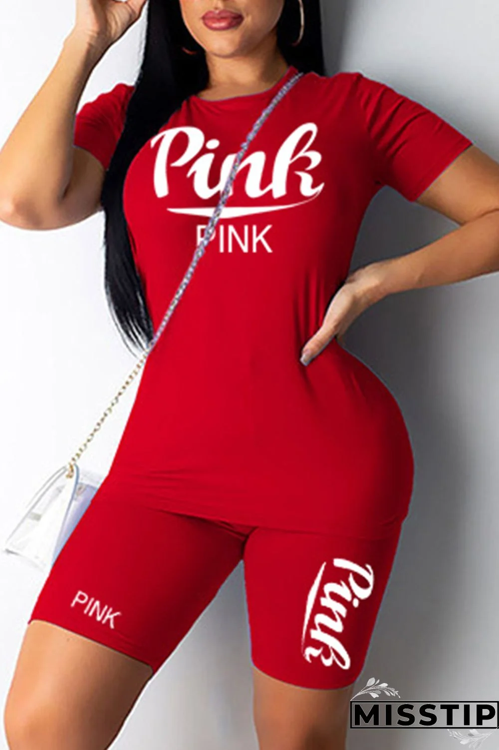 Black Fashion Casual Letter Print Basic O Neck Short Sleeve Two Pieces