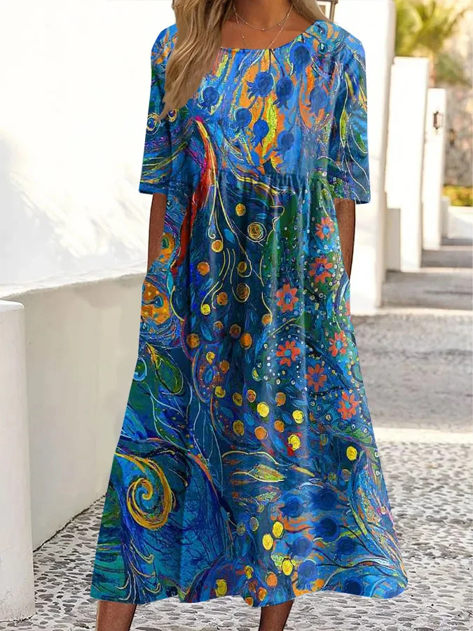 Vintage Floral Print Round Neck Pocket Midi Dress