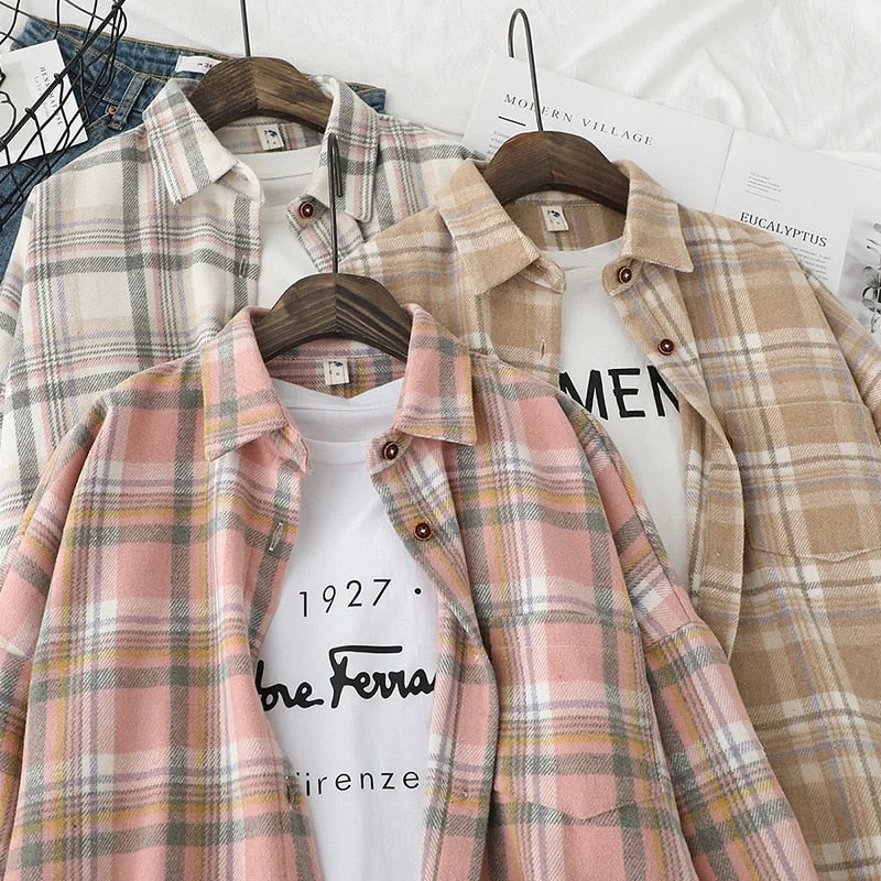 Autumn Winter Plaid Shirts Women Loose Blouses Woolen Lady Tops Female Clothes Outwear